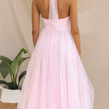 Elegantes Tüllkleid – Halterneck Midikleid mit A-Linie & Schleierkragen