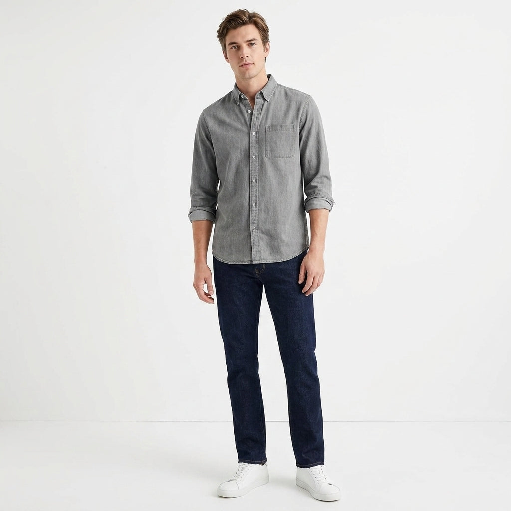Herren Langarmhemd mit Brusttasche und Button-Down-Kragen