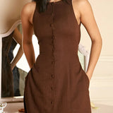Crystal | Ärmelloses Zuknöpfen Braun Leinen Midikleid mit figurbetonter Passform