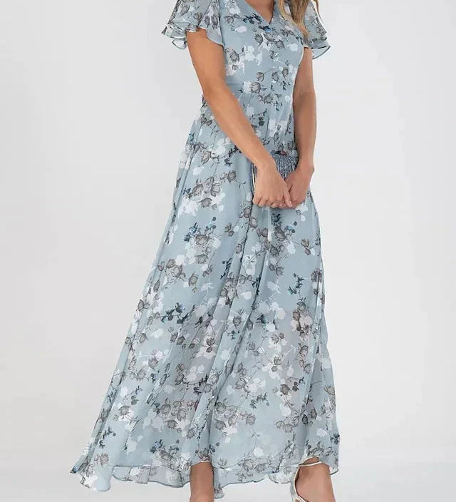Romantisches Maxikleid mit Blumenprint – Rosa Chiffon, V-Ausschnitt & Schmetterlingsärmel