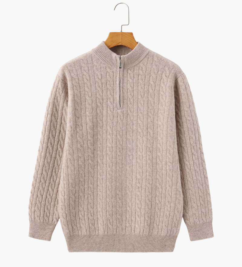 Roman | Chunky knit Herren Chasmere Pullover mit Kabelstrickmuster & Halb Reißverschluss Kragen