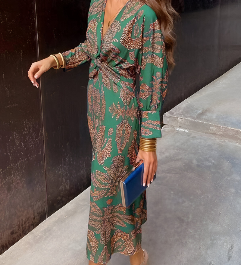 Elegantes Midikleid mit Twist-Detail und floralem Muster – Zeitlos und stilvoll