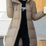 Astrid | Stylische khakifarbene Pufferjacke mit Kapuze und Reißverschluss