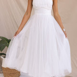 Elegantes Tüllkleid – Halterneck Midikleid mit A-Linie & Schleierkragen