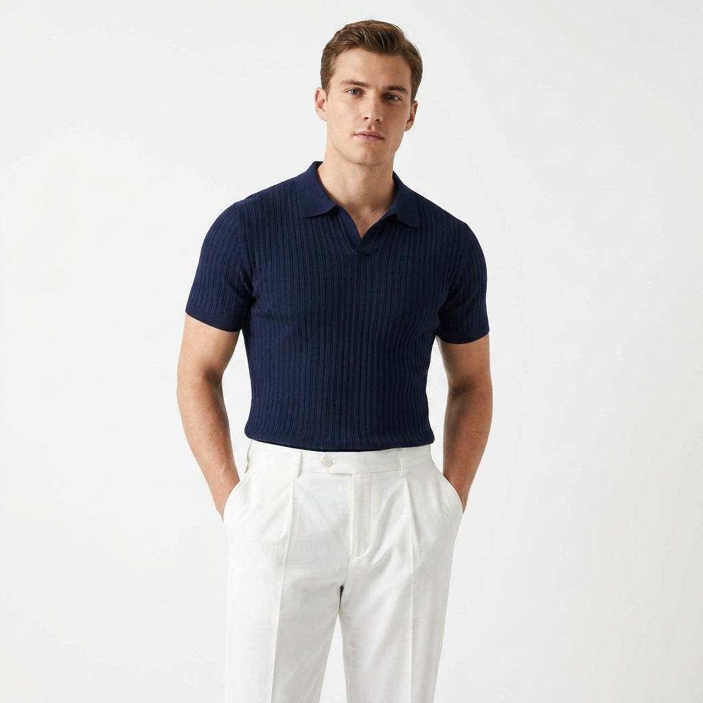 Herren Strick Poloshirt mit Rippstruktur