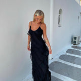 Maxikleid mit Rüschen – Figurbetontes Abendkleid mit Spaghettiträgern