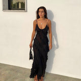 Maxikleid mit Rüschen – Figurbetontes Abendkleid mit Spaghettiträgern