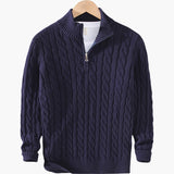 Carson |  Marineblau Zopfmuster-Pullover 3-teiliges Set mit hose & Wildleder-Loafer