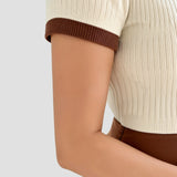 Lässiges Polo Farbe Block gekerbte Kragen gestrickt Top