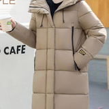 Astrid | Stylische khakifarbene Pufferjacke mit Kapuze und Reißverschluss