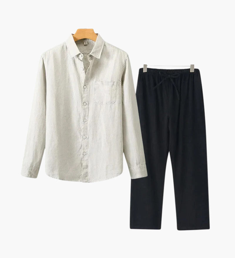 Christopher | Lange Ärmel Hemd & Hose Zweiteiliges Leinen-Set Herren-Sommer-Outfit