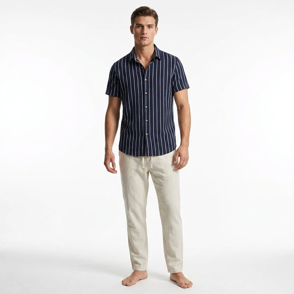 Herren Gestreiftes Kurzarmhemd und Hose Set