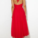 Elegantes Tüllkleid – Halterneck Midikleid mit A-Linie & Schleierkragen