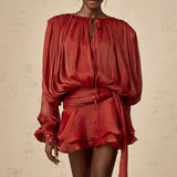 Plissiertes Minikleid mit langen Ärmeln und Bindekragen für Damen