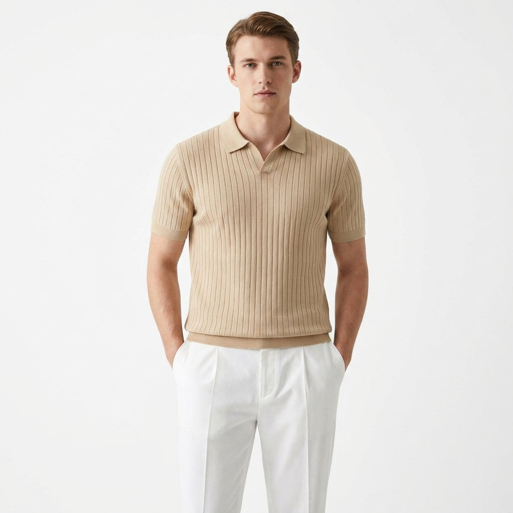 Herren Strick Poloshirt mit Rippstruktur
