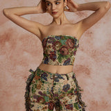 Jara | Extravagantes Zweiteiler-Set mit Bustier & bestickter Cargo-Hose