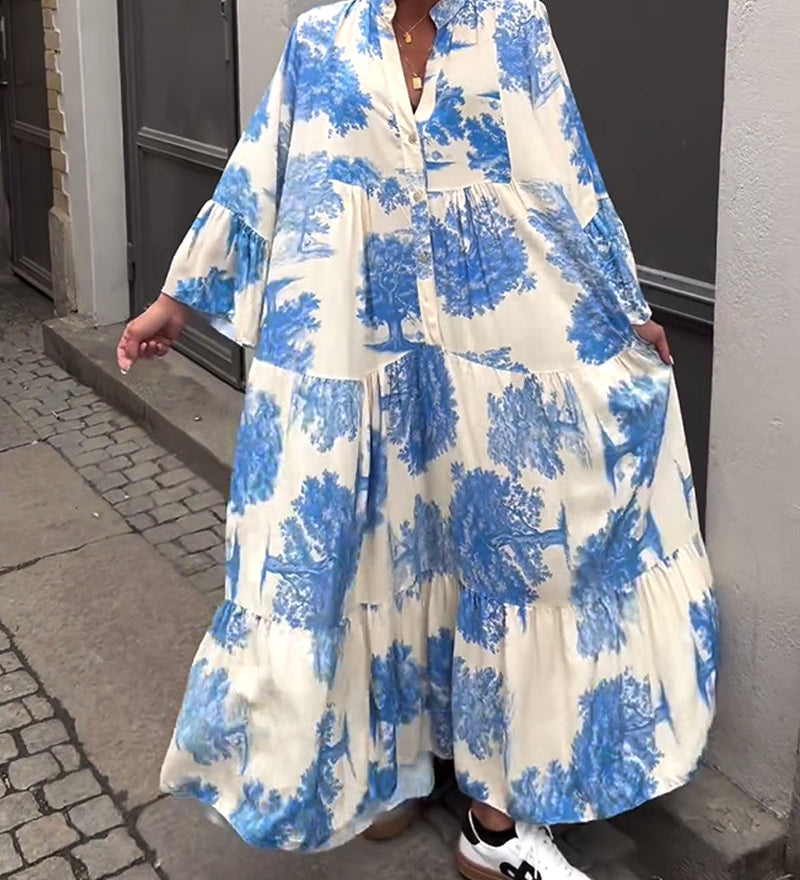 Maxikleid mit Print, Volantärmeln & Stehkragen – Stilvoll & Luftig