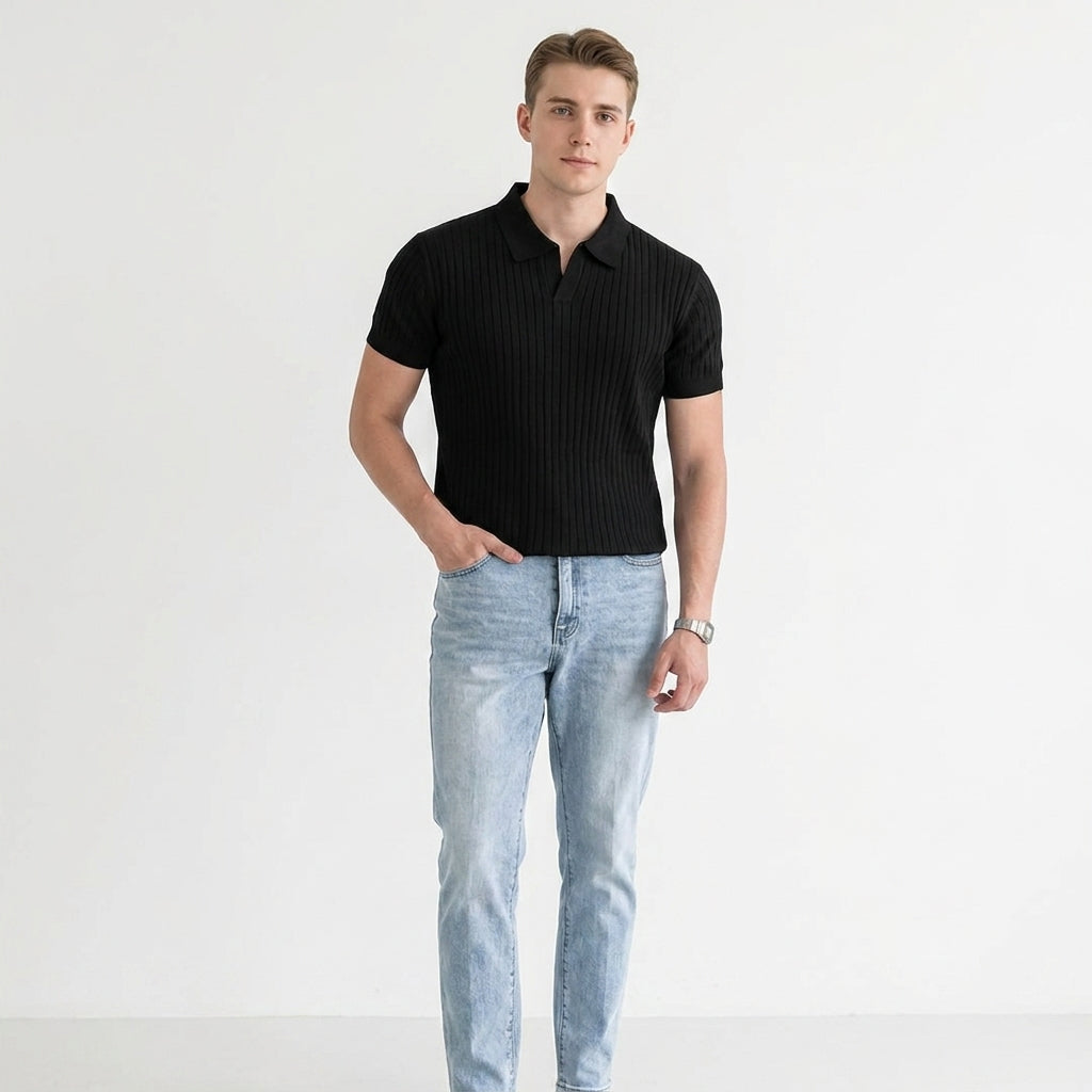 Herren Strick Poloshirt mit Rippstruktur