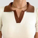 Lässiges Polo Farbe Block gekerbte Kragen gestrickt Top