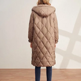 Emmie | Diamant gesteppt langer Damenmantel mit Kapuze