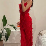 Maxikleid mit Rüschen – Figurbetontes Abendkleid mit Spaghettiträgern