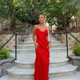 Maxikleid mit Rüschen – Figurbetontes Abendkleid mit Spaghettiträgern