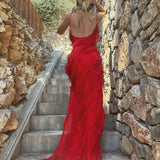 Maxikleid mit Rüschen – Figurbetontes Abendkleid mit Spaghettiträgern