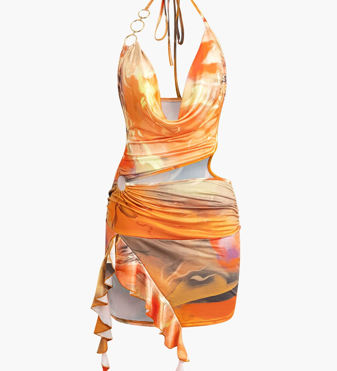 Mira | Asymmetrischer Seitenschlitz Neckholder-Minikleid mit Kunstdruck