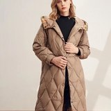 Emmie | Diamant gesteppt langer Damenmantel mit Kapuze