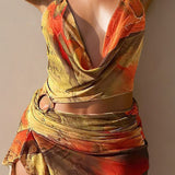 Mira | Asymmetrischer Seitenschlitz Neckholder-Minikleid mit Kunstdruck