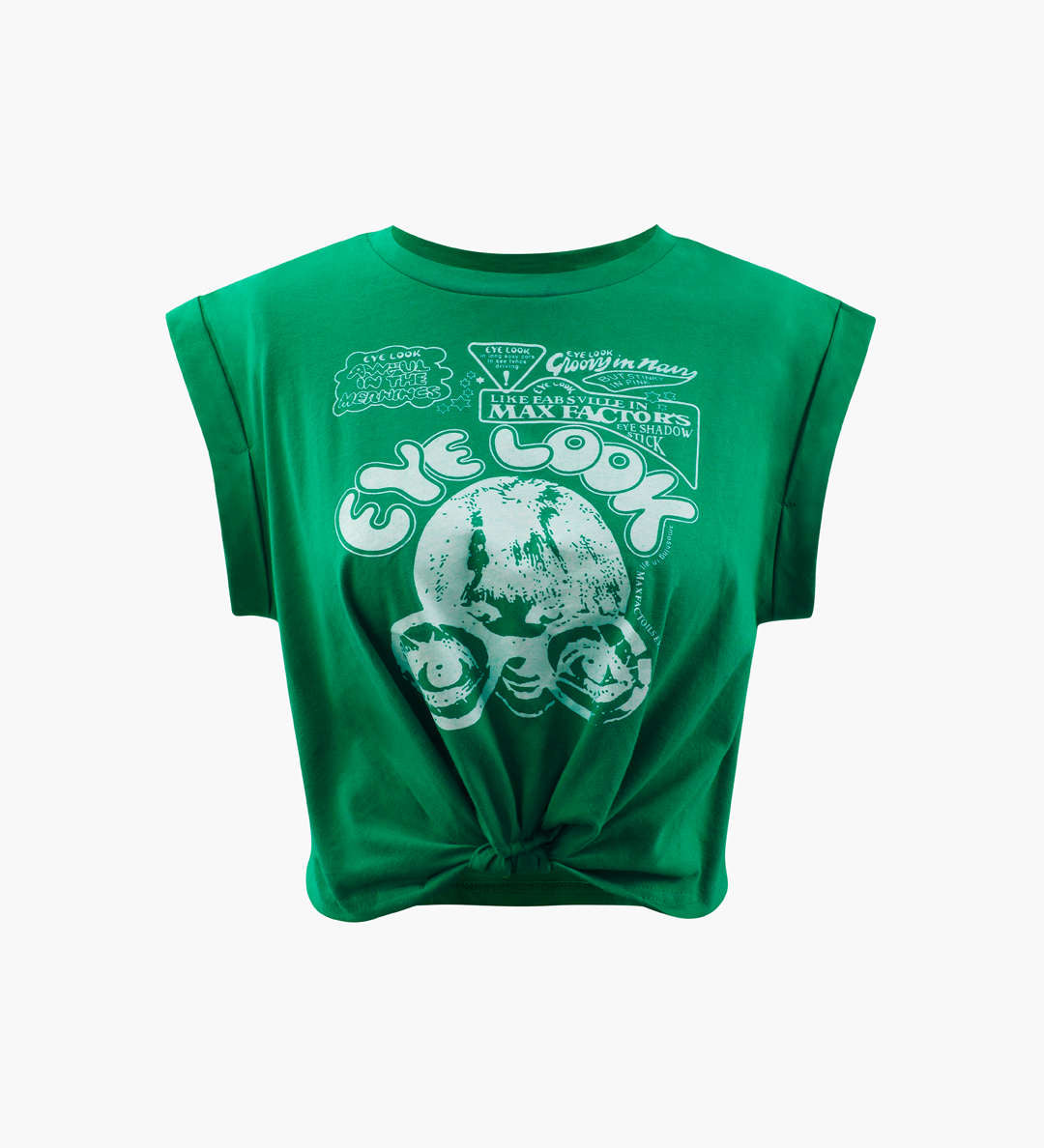 Gracelyn | Hochgekrempelte Ärmel EYE LOOK Grafikdruck Crop-T-Shirt mit Knotendetail