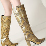 Eve | Goldene Stiefel mit Schlangenleder-Optik – Ein eleganter Hingucker