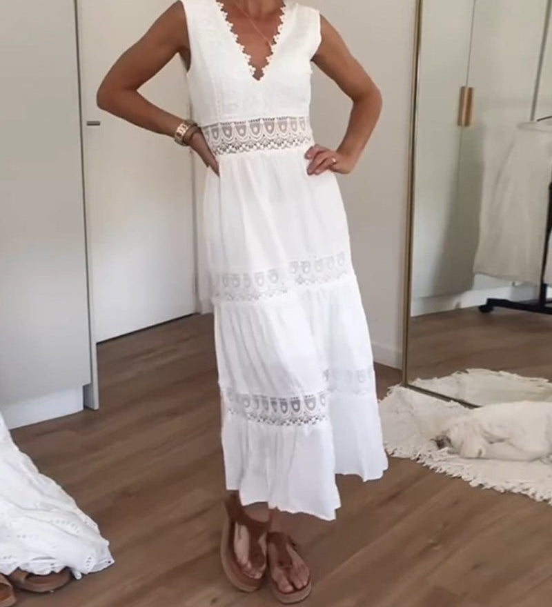 Elegantes Midi Sommerkleid mit Spitze & V-Ausschnitt – Feminin & Luftig