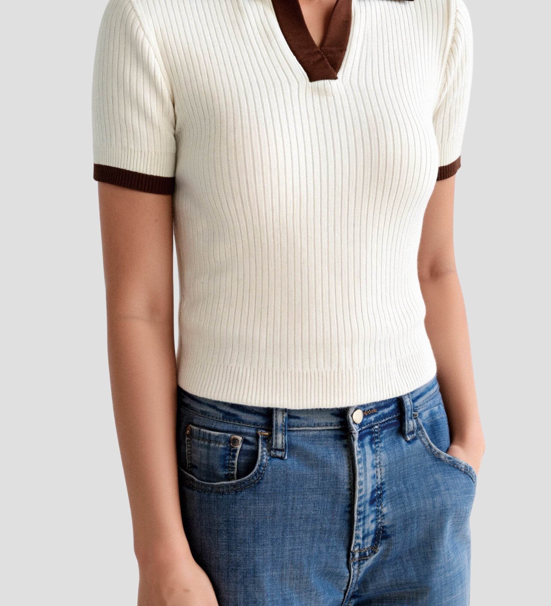 Lässiges Polo Farbe Block gekerbte Kragen gestrickt Top