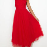 Elegantes Tüllkleid – Halterneck Midikleid mit A-Linie & Schleierkragen