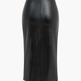 Ermelinda | Figurbetonter Kunstleder-Midirock mit Wickeloptik, Zierschnalle und hohem Schlitz