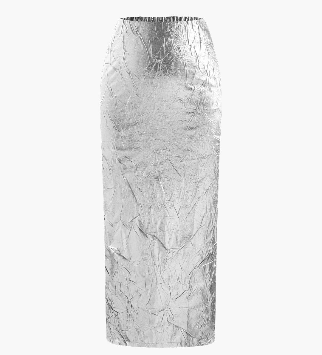Elfriede | Glänzender Metallic-Midirock mit Crinkle-Effekt und elastischem Bund