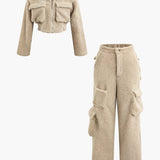 Misha | Teddy-Zweiteiler mit Cargohose & Cropped-Jacke