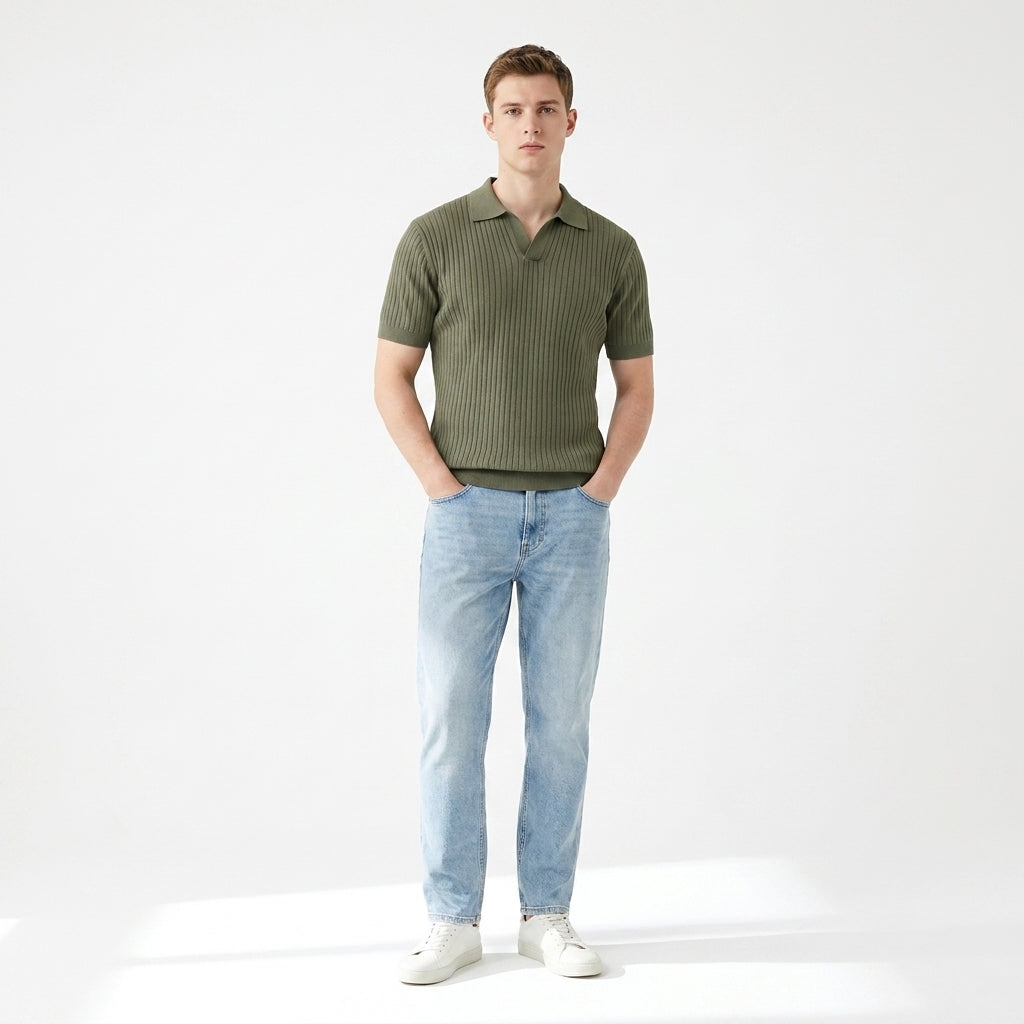 Herren Strick Poloshirt mit Rippstruktur