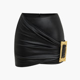 Lyra | Figurbetonter Kunstleder-Minirock mit asymmetrischer Drapierung und goldener Zierschnalle