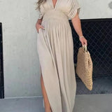 Elegantes Maxikleid Damen Sommer mit Schlitz & V-Ausschnitt | Langes Boho Strandkleid