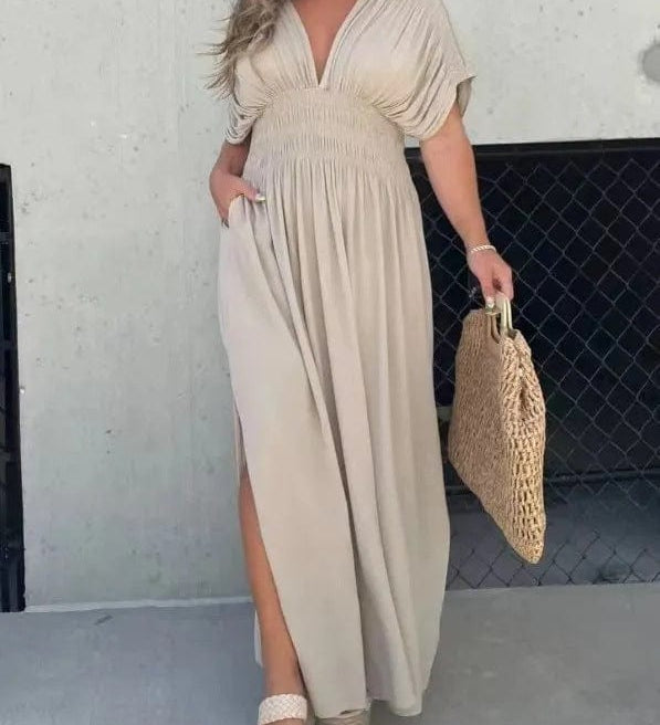 Elegantes Maxikleid Damen Sommer mit Schlitz & V-Ausschnitt | Langes Boho Strandkleid