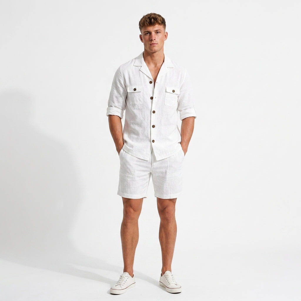 Herren Leinenhemd und Shorts Set mit Brusttaschen