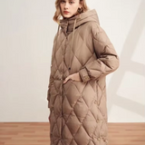 Emmie | Diamant gesteppt langer Damenmantel mit Kapuze