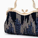Alyannah | Navyblaue Samt-Clutch mit goldenen Pailletten & verziertem Griff – Elegante Abendtasche für Damen
