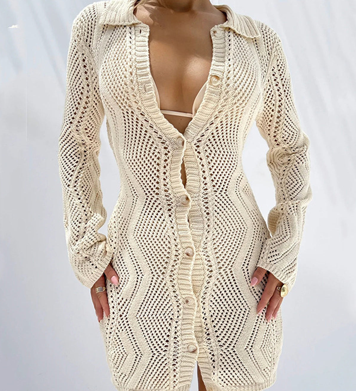 Elina | Häkel-Strandkleid mit Knopfleiste in Crème