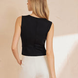Isabella | Schwarzes ärmelloses Top mit Taillenbindung