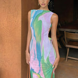 Isla | Ärmelloses Maxi-Kleid mit Wasserfarben-Print – Kunstvolle Eleganz