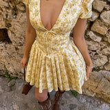 Magdalena | Puffärmel Bodycon Kleid mit gelben Blumen