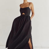 Benedikta | Ärmelloses Maxi-Kleid aus Leinen mit Cut-Out-Detail und Spaghettiträgern